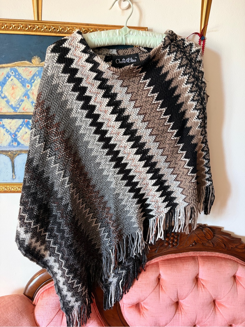 Cherish Zigzag Fringe Knit Poncho - Black, Gray, Cream, Brown